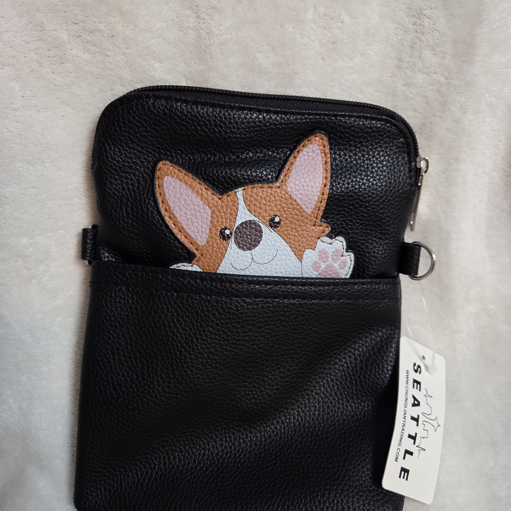 Black Crossbody Bag with Corgi Design
